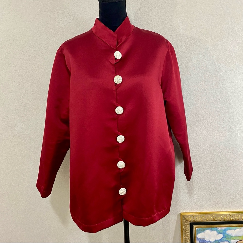 Caroline Rose Red‎ Satin Mandarin Collar Rhinestone Buttons Loop Closure